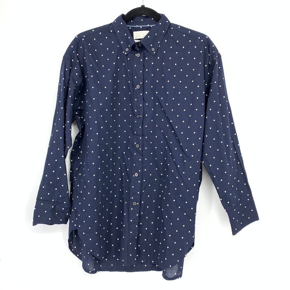 J.Crew Button Front Shirt Womens Size 8 Blue White Polka Dot Long Sleeve Relaxed